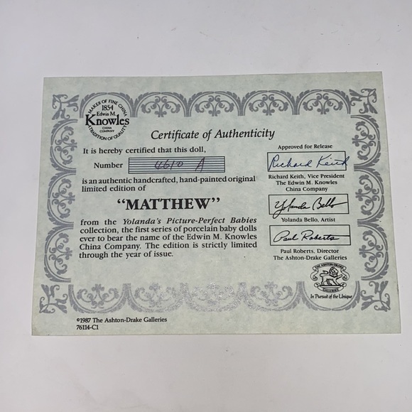 MATTHEW DOLL- Picture Perfect Babies Knowles ORIGINAL EDITION 1987 Yolanda Bello - Picture 12 of 17